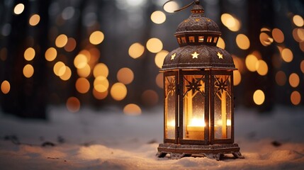 Christmas lantern with candle and snow generated by AI tool 