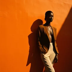 Zelfklevend Fotobehang portrait of a cool and modern black woman with sunglasses in front of a orange wall background with copy space © CROCOTHERY