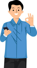 young man holding smartphone and showing ok gesture