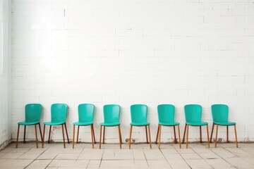 a line of turquoise chairs against white tiled walls