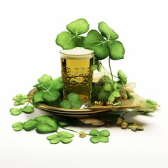 illustration of Saint Patrick green beer with lucky leaves green bee, Generative ai