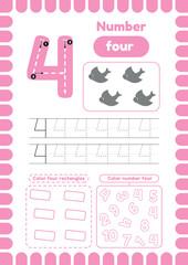 Learn number four. Activity page for preschool kids education. Color objects. Handwriting practice . Tracing page