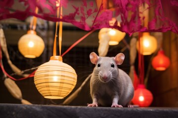 pet rat in a cage with tiny paper lanterns