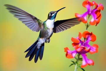 Obraz premium a marvelous spatuletail hummingbird in flight near brightly colored flowers