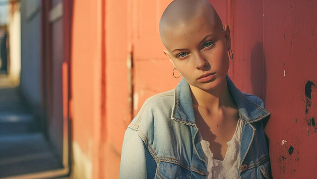 Shaven head fasion model in blue denim jacket and white top against orange background