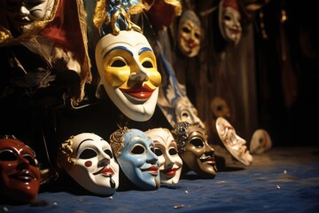 close-up of theater props and masks - obrazy, fototapety, plakaty