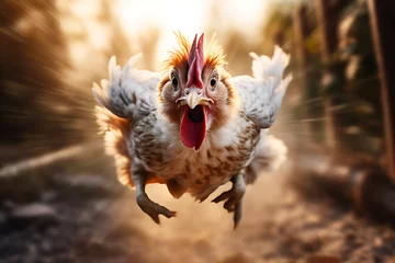 Poster Chicken running i the wild on a sunny day, motion blurred, high speed, egg chicken, hunted chicken © MrJeans