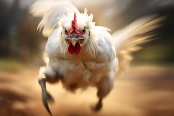 Chicken running i the wild on a sunny day, motion blurred, high speed, egg chicken, hunted chicken - obrazy, fototapety, plakaty