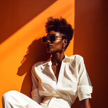 portrait of a cool and modern black woman with sunglasses in front of a orange wall background with copy space