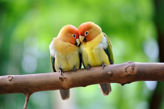 a pair of lovebirds preening each other on a branch