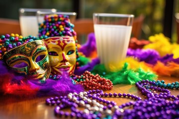 mardi gras beads and masks on a table