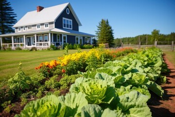Fototapeta na wymiar vegetables garden in front of farmhouse and barn
