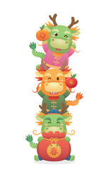 Fototapeta premium Cute Chinese dragon character or mascot celebrating Chinese New Year, Year of the Dragon, cartoon playful and fun style, translation: Spring