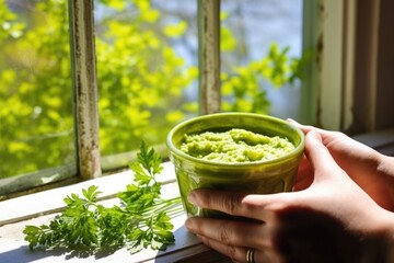 hand holding a bowl of fava bean dip by a sunny window - obrazy, fototapety, plakaty