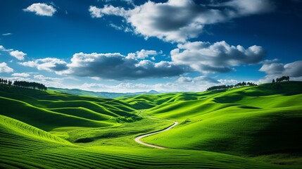 Fresh green landscape with sky and hills and mountains , Created with generative Ai