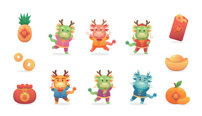 Obraz premium Set of cute Chinese dragon characters or mascots, playful and cute cartoon characters, vector elements for Chinese New Year, translation: wealth