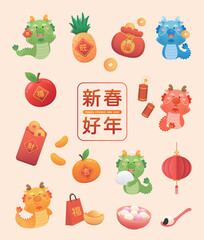 A set of vector illustration elements for Chinese Lunar New Year and Lantern Festival, mascots dragon and glutinous rice balls and oranges and red paper bags with lanterns and gold coins, translation: