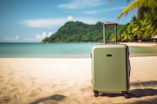 green travel suitcase on tropical beach background
