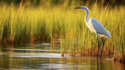 A graceful white egret fishing at the edge of a marsh.