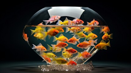 A group of colorful fish in a clear bowl placed safely under an umbrella, a twist on the beach theme.