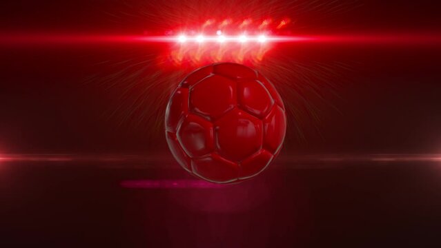 3D RED Soccer Football black rotating, Stadium lights - soccer football - Extra lens flare. 4K Animation