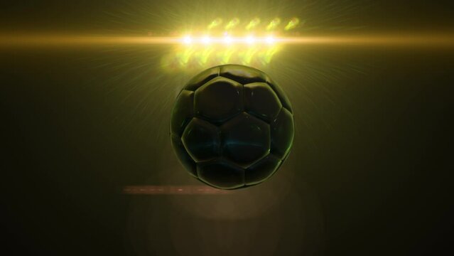 3D Soccer black ball rotating, Stadium lights - soccer football - Extra lens flare. 4K Animation