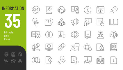 Information Line Editable Icons set. Vector illustration in thin line modern style of manual related icons: book, support, guide reading, info center, and more. Isolated on white - obrazy, fototapety, plakaty