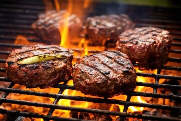 burger patties sizzling on charcoal grill