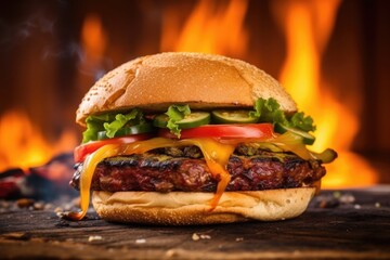 vegan burger on the grill with flames and smoky backdrop