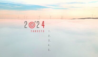 Template for 2024 targets top five numbered corporate presentations new year card with dart icon...
