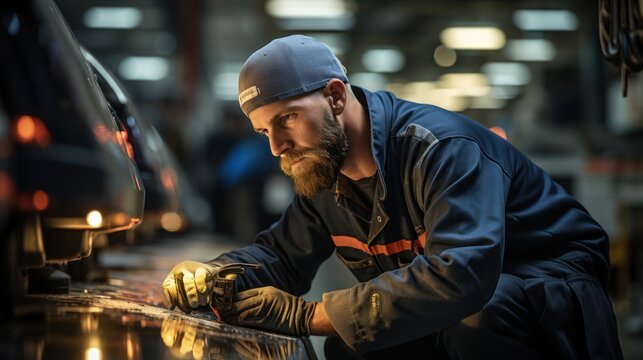 Male technician cleaning new factory epoxy floor in empty warehouse or car service center.