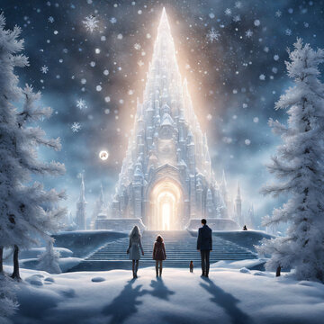 Movie poster, a massive backlit and illuminated crystal ziggurat the size of a city is surrounded by a white snow forest under the moonlight, a whimsical couple stands in the foreground facing the cam
