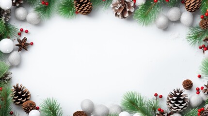 Fototapeta na wymiar Christmas and New Year background with green spruce branches, white banner, top view, copy space