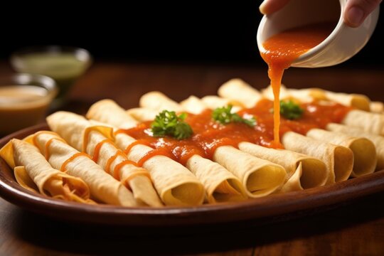 hand pouring enchilada sauce over a dish of flautas