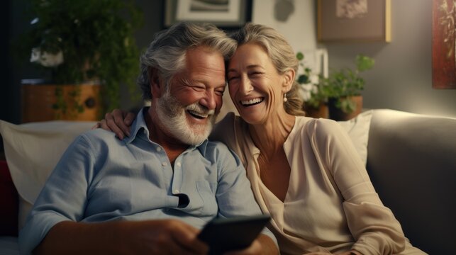 Portrait of a happy romantic senior couple sitting on sofa and watching funny photos on smartphon