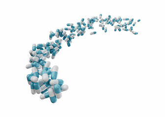 3d Blue And White Pharmaceutical Antibiotic Capsules Flowing Coming In The Air, 3d Illustration