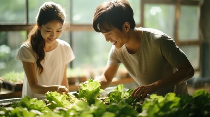 Naklejka premium Asian male and female picking fresh lettuce salad at greenhouse