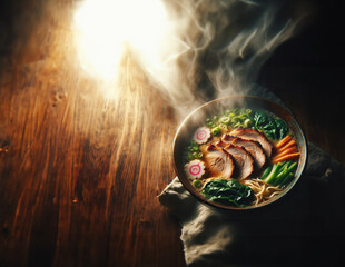 45-Degree Angle View of Hot Ramen Bowl Full of Delightful Ingredients Captured with 50mm Lens