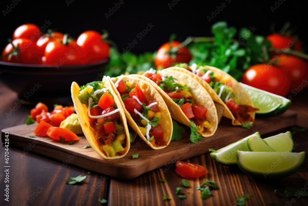 Poster mexican tacos with fresh avocados and tomatoes