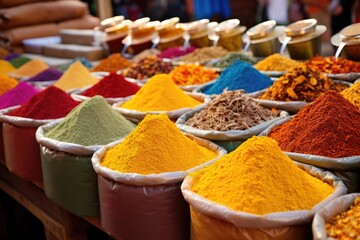 spices arranged in colorful heaps at an open-air market