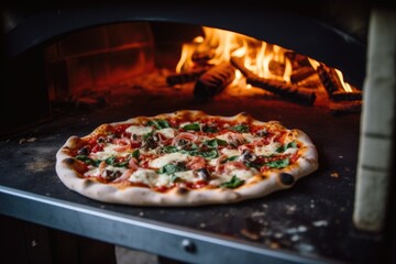 a pizza baking in a wood-fired stove