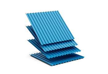 3d Sea Blue Falling Metallic Stacks Of Corrugated Galvanised Iron For Roof Sheets 3d Illustration - obrazy, fototapety, plakaty