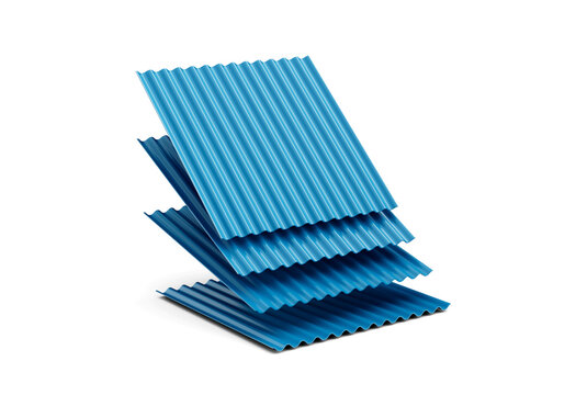 3d Sea Blue Falling Metallic Stacks Of Corrugated Galvanised Iron For Roof Sheets 3d Illustration