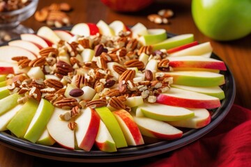 layering slices of apples onto a mixed fruit salad