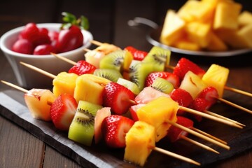 fresh fruit skewers on a stainless steel surface