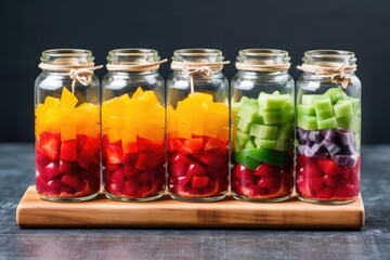 rainbow fruit skewers arranged in a glass jar