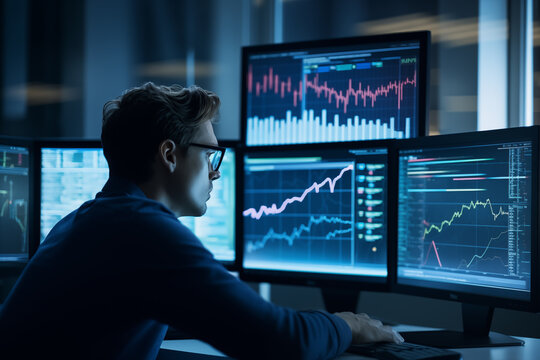 Business Man Trader Big Data Analyst Looking At Computer Monitor, Stock Broker Analysing Indexes, Financial Chart Trading Online On Screen