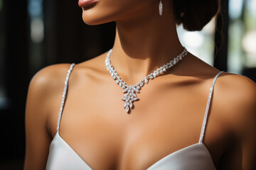 A beautiful bride wearing luxury diamond necklet in wedding cloth. Close-up at the necklet.