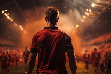 Back of a football player is walking to the football pitch. Sport in challenge moment concept scene.  - obrazy, fototapety, plakaty