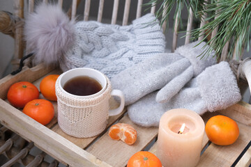 Obraz na płótnie Canvas cozy woolen things, hat and mittens, mug of hot tea on tray, delicious vitamin tangerines, candle is burning, wicker garden chair, a concept vacation, a weekend in nature